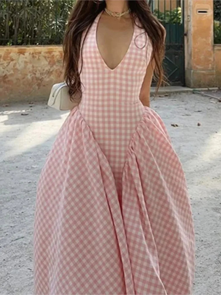 Elegant V-Neck Pleated Long Dresses High Waist French Style V-neck Backless Lace-up Vacation Vestidos