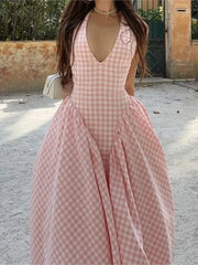 Elegant V-Neck Pleated Long Dresses High Waist French Style V-neck Backless Lace-up Vacation Vestidos