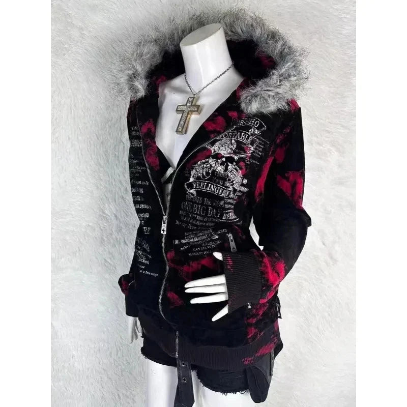 Y2k kawaii pink leopard print plush warm zipper sweatshirt high street Harajuku cute casual zipper hoodie