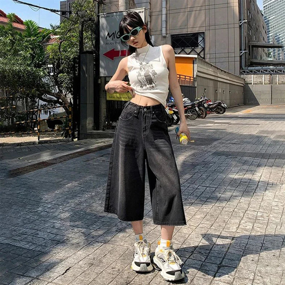 American Style Vintage Baggy Jeans Y2k Loose Washed High Waist Knee Length Denim Pants Streetwear Wide Leg Shorts