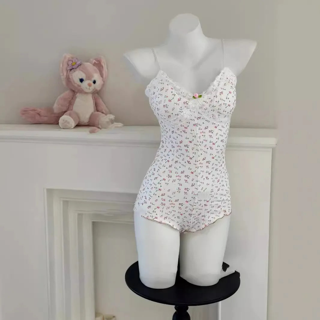 Floral Print Bodysuit Lace Trim Sleeveless Slim Fit Leotard Jumpsuit Romper Underwear Nightwear Lingerie