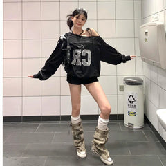 Y2k Lace Letter Hoodie Skew Collar Lace Up Streetwear Hoody Harajuku Vintage Oversized Stripe Long Sleeve Tops
