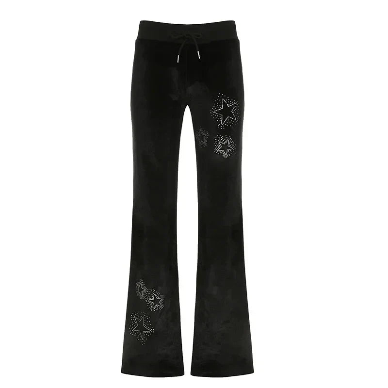 Rhinestones Star Velvet Flared Pants Y2K High Waist Baggy Sweatpants Jogging Casual Basic Boot Cut Trousers