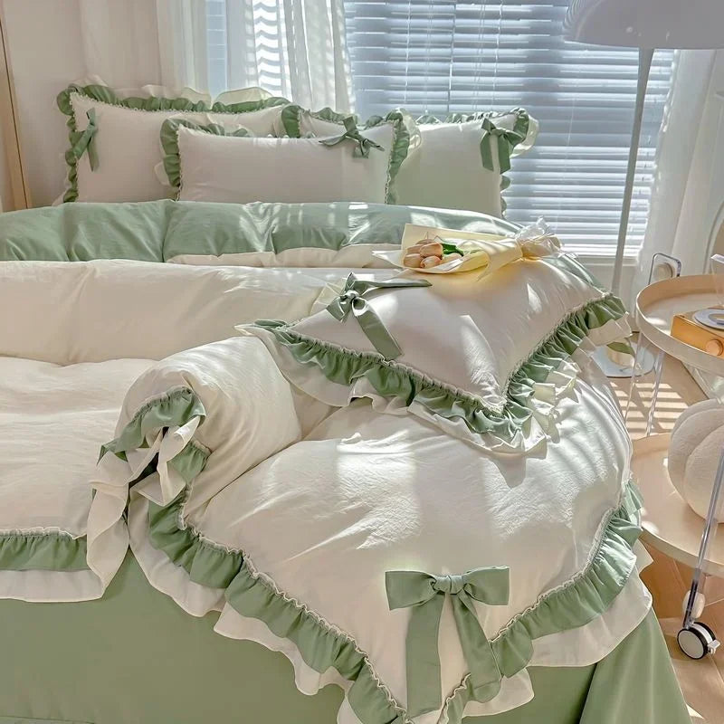 Green Princess Bedding Set Double Layer Lace Bow Quilt Cover Sheet