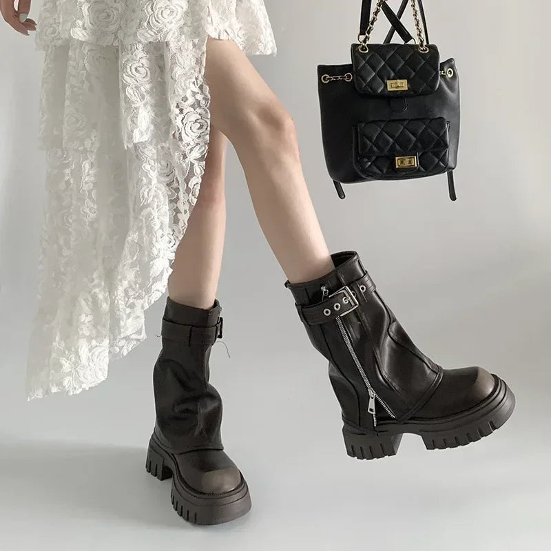 Biker Boots Belt Buckle Ladies Elegant Platform Long Pipe Booties Casual Knee High Booties2025