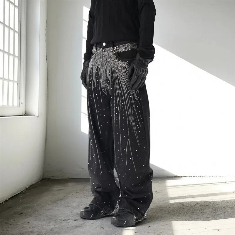 High Street Denim Pants Retro Full Diamond Stamping Hip-hop Loose Straight Leg Wide Leg Streetwear Jeans