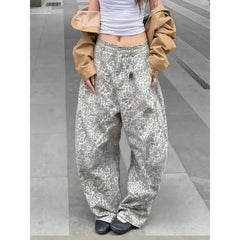 American Retro Stitching Leopard Print Jeans Streetwear Hip-hop Loose Straight Trousers Y2K Wide Leg Denim Pant