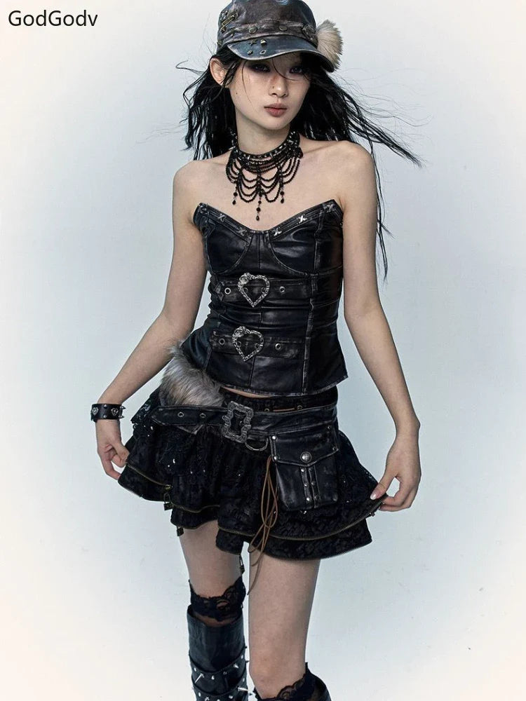 Gothic Retro Fur Trim Corset Design Suit Y2k Slim Lolita Elegant 2 Piece Sets Korea Style Chic Outfits