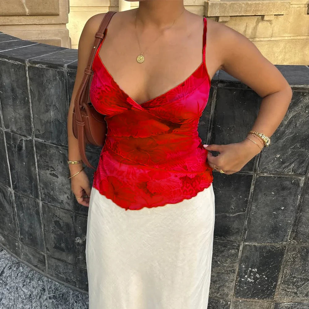 Vintage y2k Crop Tops Floral Print Boho Sleeveless Spaghetti Strap Mesh See Through Coquette Tanks Camis