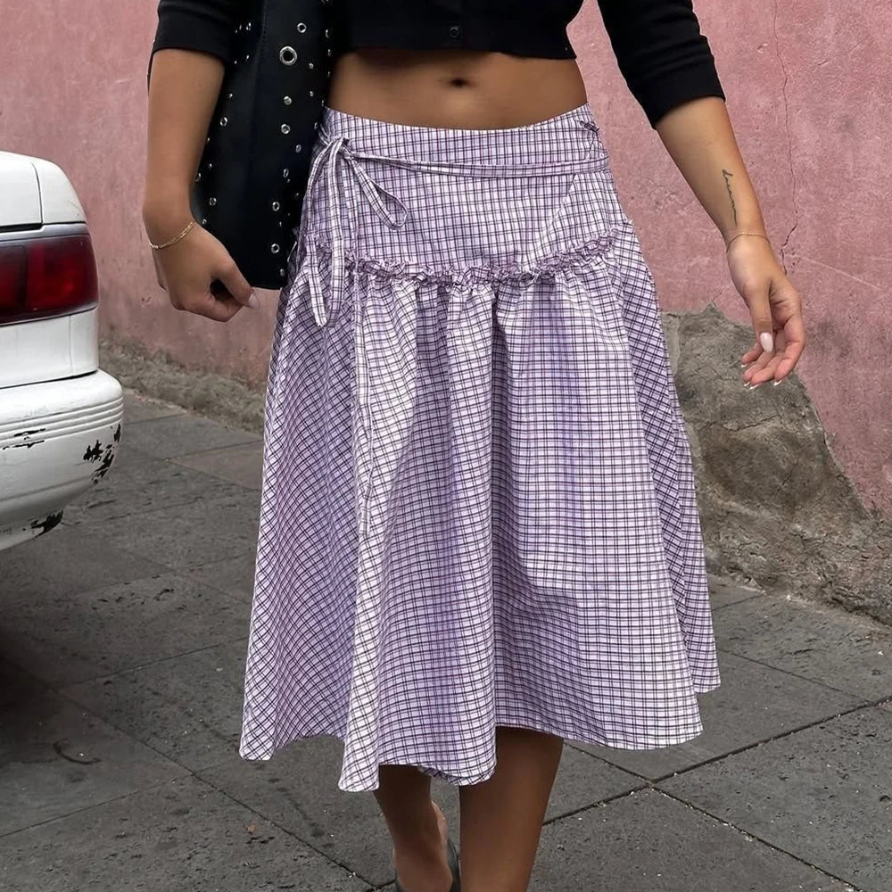 Vintage 2000s Plaid Skirts Casual Tie-Up Low Waist Tiered Ruffles Hem A-Line Midi Skirts Streetwear