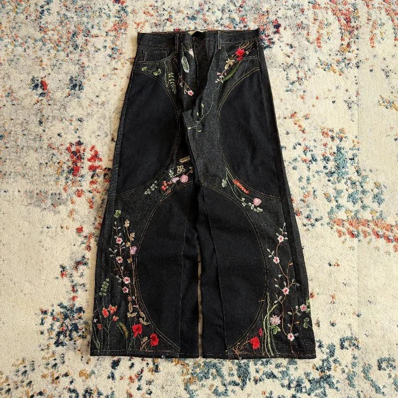 Y2K Baggy Jeans splicing Floral Seams embroidered jeans Gothic Hip Hop Harajuku Casual wide leg Jeans
