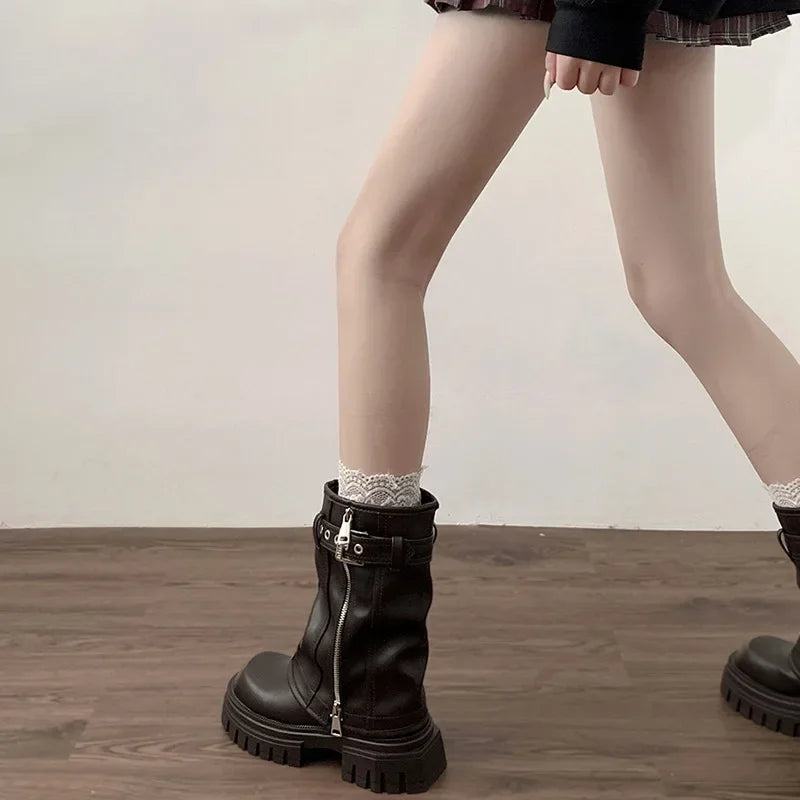 Biker Boots Belt Buckle Ladies Elegant Platform Flats Short Booties Casual Knight Booties