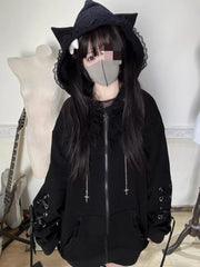 Gothic Subculture Black Lace Loose Hoodie Lovely Long Sleeve Hooded Coat Casual Warm Overcoat