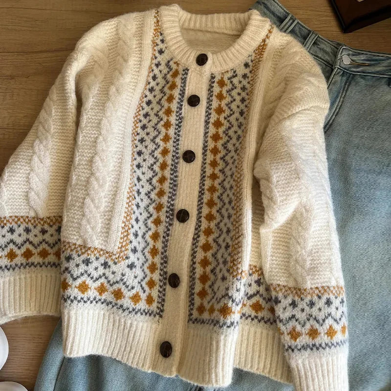 Vintage Jacquard Knit Cardigan Loose Casual Lazy Wind Print Button Pullovers Korean Long Sleeve Baggy Outwear