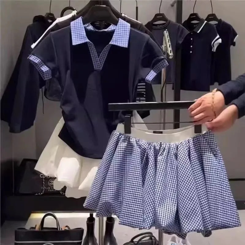Constrast Color Plaid Turn Down Collar Slim Waist T Shirts All Match Korean High Street Loose Shorts Y2k 2 Piece Sets