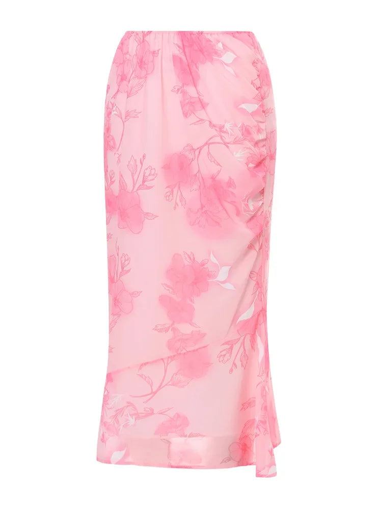 Floral Long Skirts Low Waist Chiffon Flowy Straight Skirt Fall Bohemian Casual Retro Skirts