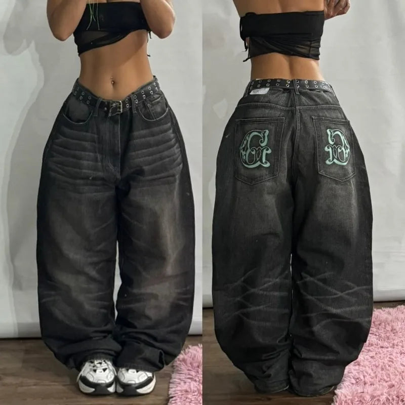 American Geometric Pattern Embroidered Baggy Jeans Y2K Harajuku Vintage Hip-hop Casual Wide-leg Pants