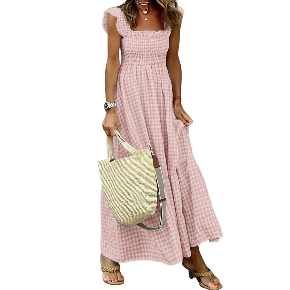 Elegant Plaid Slip Maxi Long Dress Strapless Ruffle Backless Pleated Elastic Waist Boho Party Swing Loose Dresses