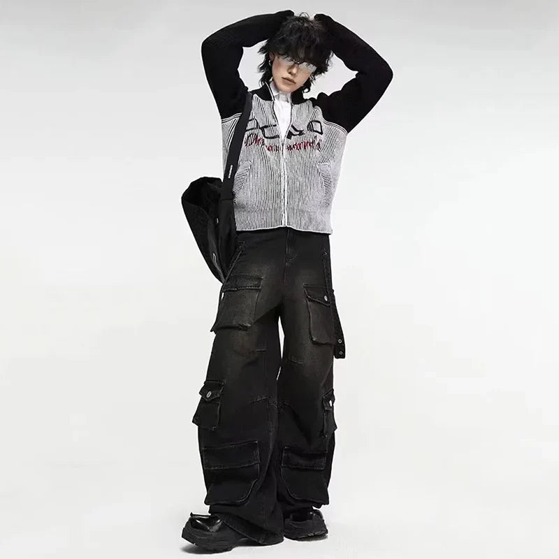 Y2K High Street Jeanss Multi-Pocket Hiphop Cargo Pants Vintage Straight Wide-Leg Denim Trousers Streetwear