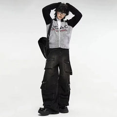 Y2K High Street Jeanss Multi-Pocket Hiphop Cargo Pants Vintage Straight Wide-Leg Denim Trousers Streetwear