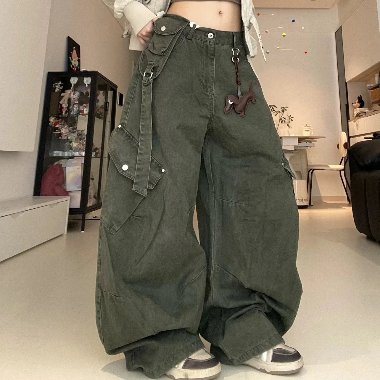 Retro Green Work Pants High Waist Wide Leg Loose Fit