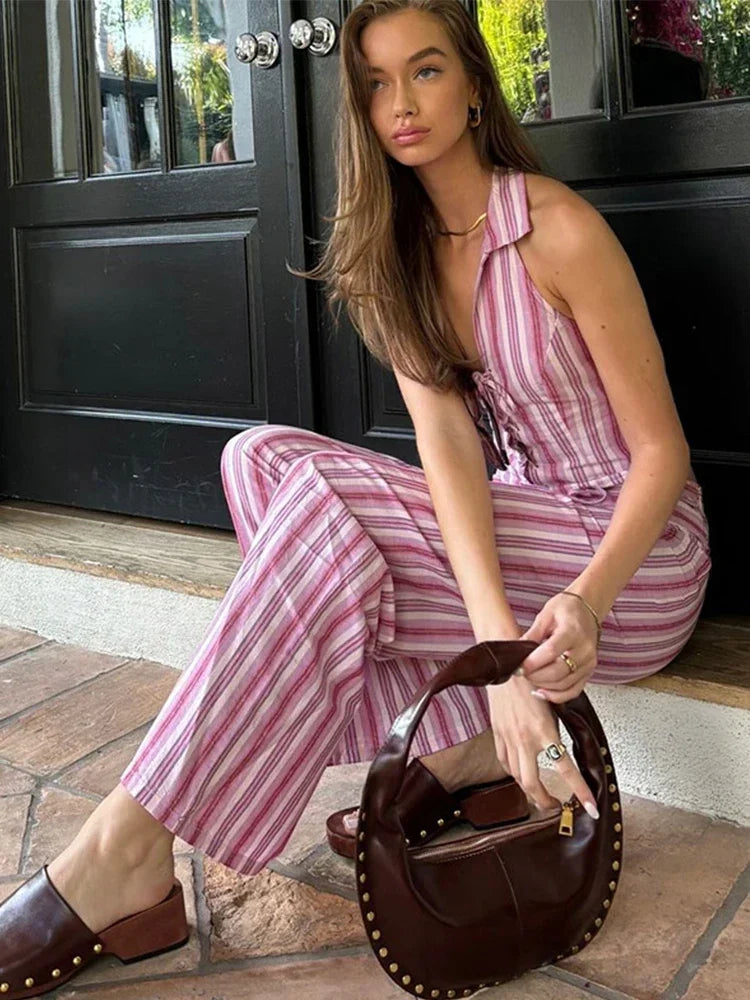 Striped Lace Up Vest Pants Set Sleeveless Backless Slim Lady Top Sets Straight Casual Pant Suit