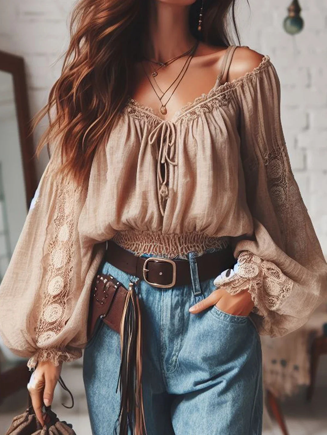 Boho Shirt Off Shoulder Lace Up Lantern Sleeve Vintage Sweet Cropped Blouse Top Hollow Out Casual Lace Blouse Tops