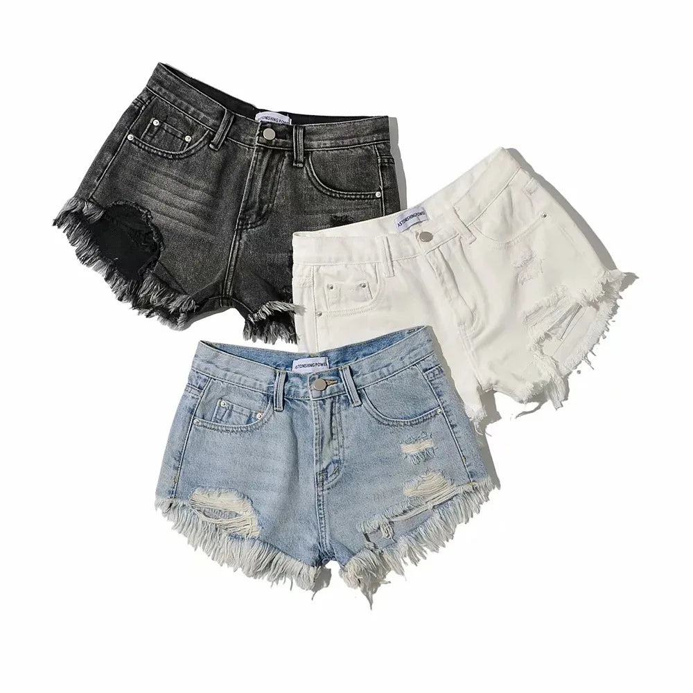 Shorts Denim Washed Jean High Waist Hole Spliced Slim Fit Jeans Casual Pockets Short Straight Pants