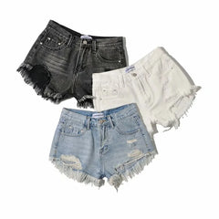 Shorts Denim Washed Jean High Waist Hole Spliced Slim Fit Jeans Casual Pockets Short Straight Pants