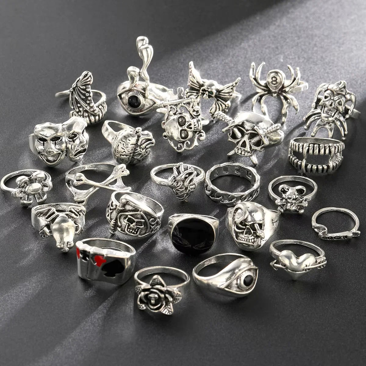 24Pcs/Set Punk Gothic Rings Sets Silver Color Skeleton Spider Poker Joker Eyes Heart Rings