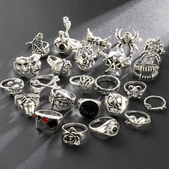 24Pcs/Set Punk Gothic Rings Sets Silver Color Skeleton Spider Poker Joker Eyes Heart Rings