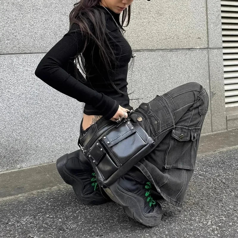 Low Waist Workwear Pants Slimming Floor-Length Bell Bottoms Trendy Y2K Millennium Cargo Trousers Retro American Style