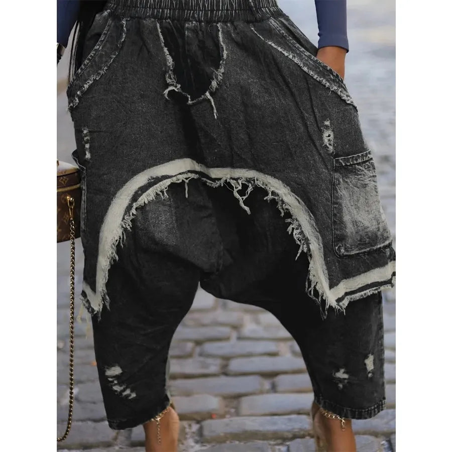 Jeans Harem Pants Hip Hop Punk Denim Pant Hole Elastic Waist Washed Distressed Pockets Streetwear Ripped Trousers