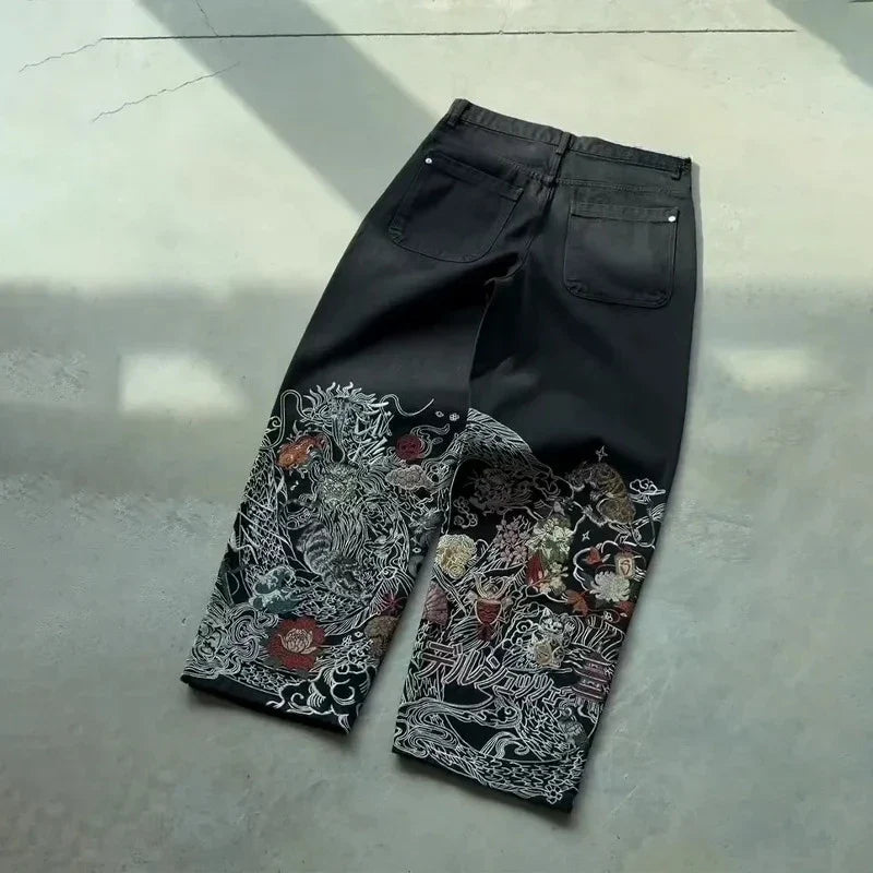 Y2K Baggy Jeans vintage Embroidered denim fabric American style jeans Gothic streetwear Hip Hop wide leg pants