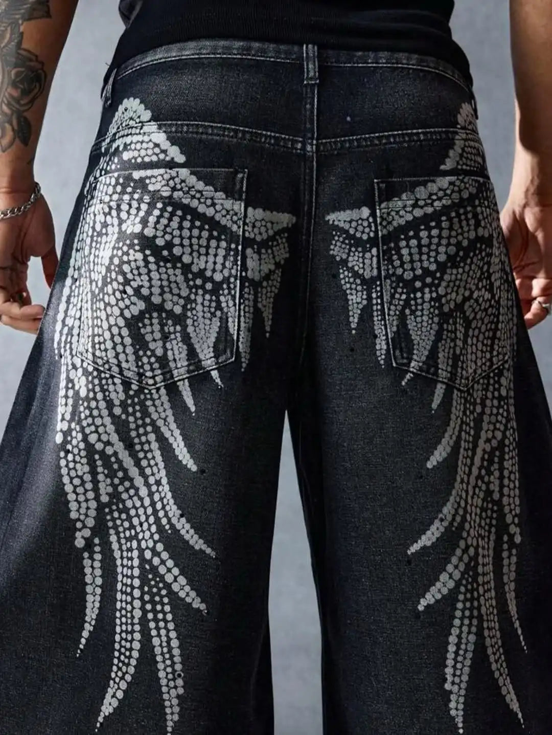 Y2K Black Trend Dressing Up Korean Style Simple Baggy Angel Printed Jeans Necessary Solid Retro Straight Pants