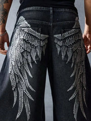 Y2K Black Trend Dressing Up Korean Style Simple Baggy Angel Printed Jeans Necessary Solid Retro Straight Pants