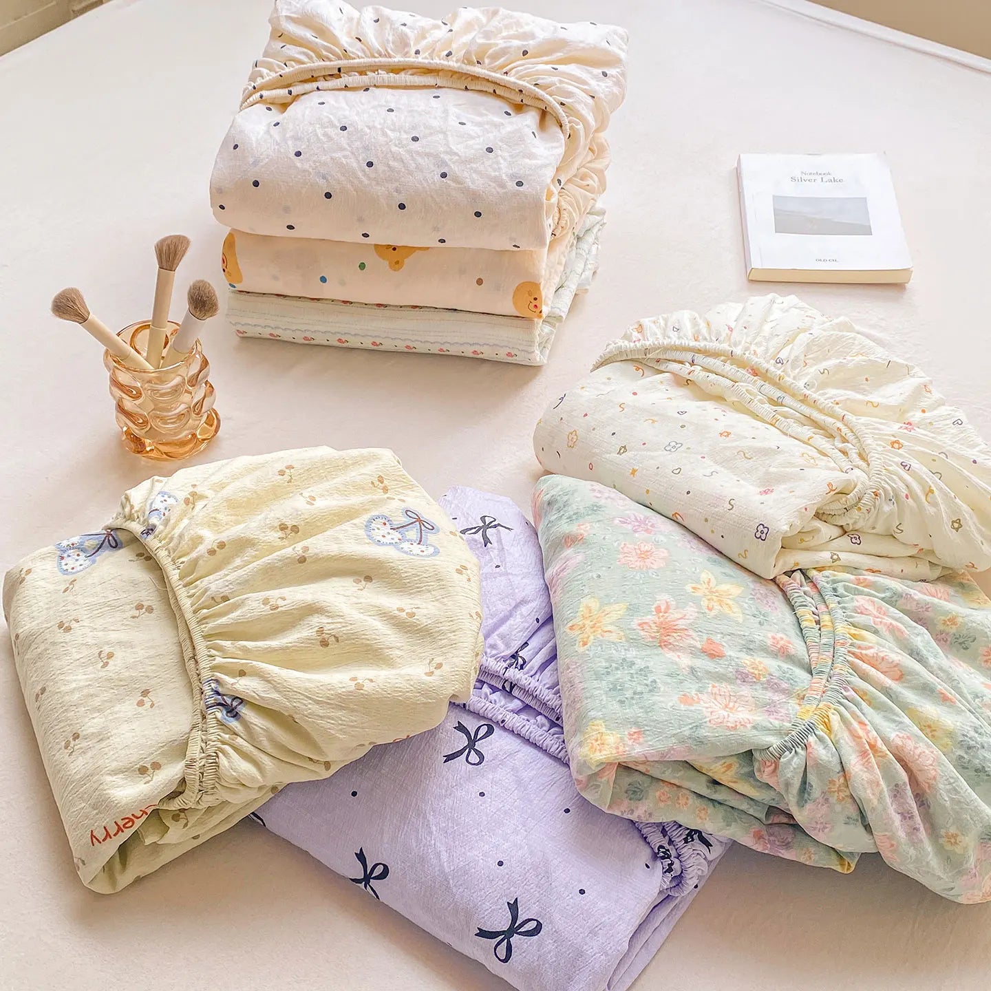 Washed Cotton Fitted Sheet with Elastic Bands Non Slip Adjustable Mattress Cover Printed Pure Cotton