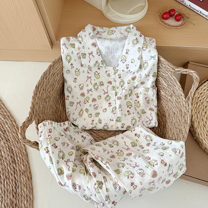 Sweet Cute Goose Print Korean Pajamas Nightwear Kawaii Casual Lapel Neck Y2K Pajamas Set Loungewear