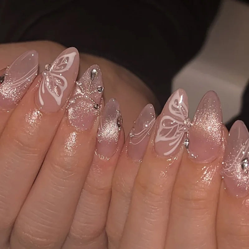 Red Y2K Wearable Nail Art Chic Silver Butterfly Love Metal Bead Almond False Nails Detachable Finished Fake Nails Press on Nails