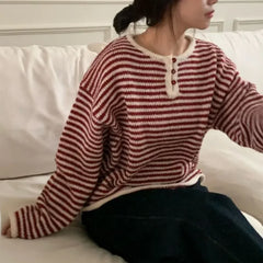 RR Korean Casual Sweaters Loose Striped Sweater Elegant Pullover O Neck Sweaters Ladies
