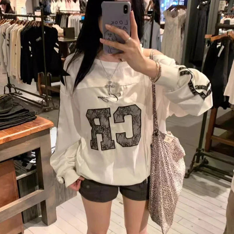 Y2k Lace Letter Hoodie Skew Collar Lace Up Streetwear Hoody Harajuku Vintage Oversized Stripe Long Sleeve Tops