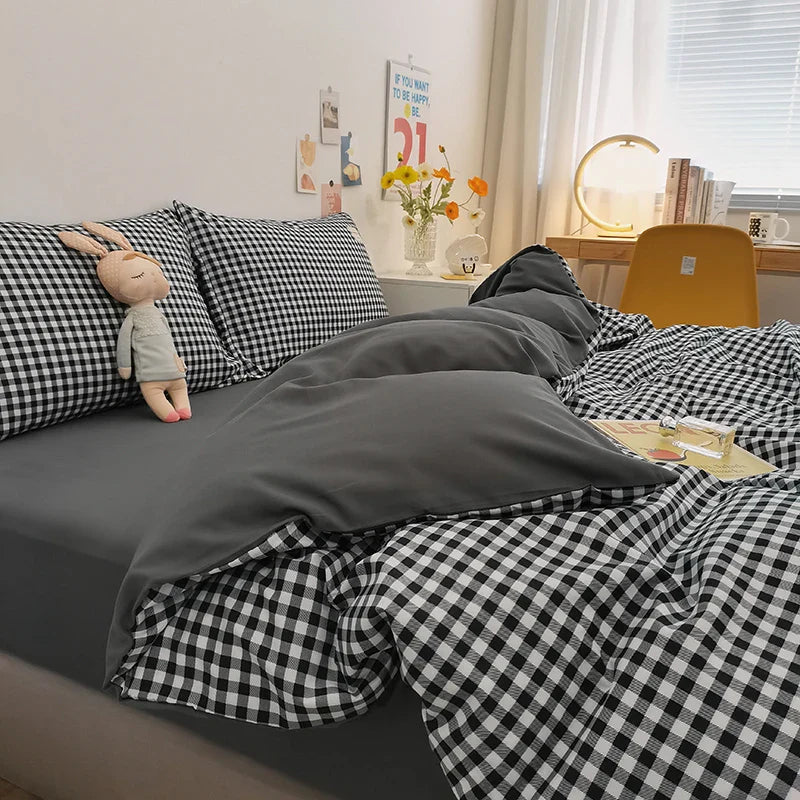 Japan Style Plaid Queen Duvet Cover Set 220x240 High-quality Soft Skin-friendly Bedding Set King Size Quilt Cover Pillowcases