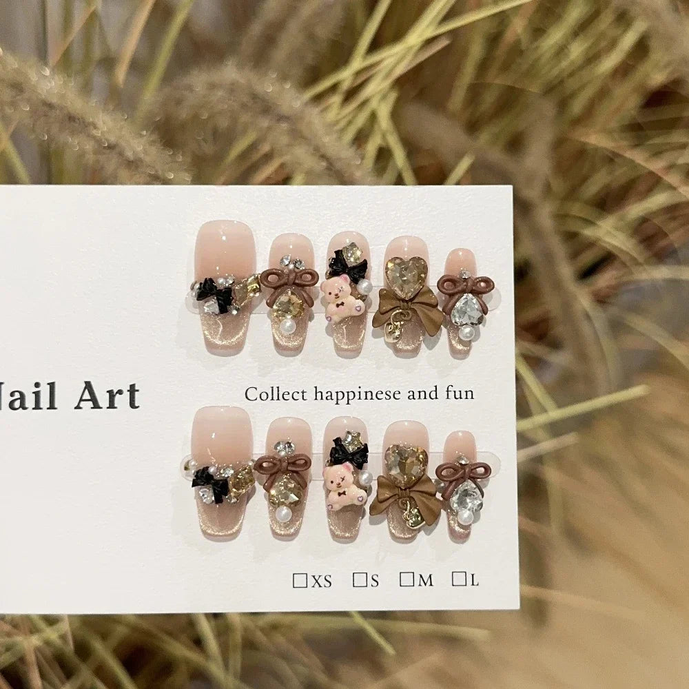 Sweet Lovely Cartoon Bear Long Coffin Stiletto Fake Nails Bowknot Pearl Diamond Flowers Cat Eyes Wearable Fake Nails