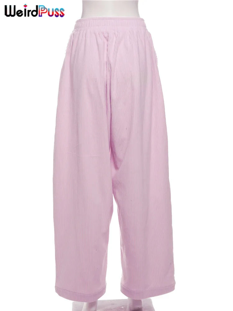 Weird Puss Y2K Casual Wide-Leg Pants Loose Simple Basic Pocket High Waist Trousers Corduroy Streetwear Long Bottoms