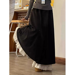 Casual Lace Trim Wide Leg Pants Fake Two-Piece Design Elastic Waist Patchwork Trendy High Waist Nine-Piece Length Polyester F...