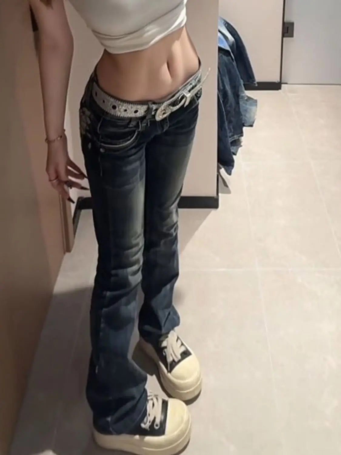 American Retro Pocket Wing Embroidery Jeans Y2K Girls Low Waisted Pants Street Hip Hop Harajuku Gothic Punk Jeans