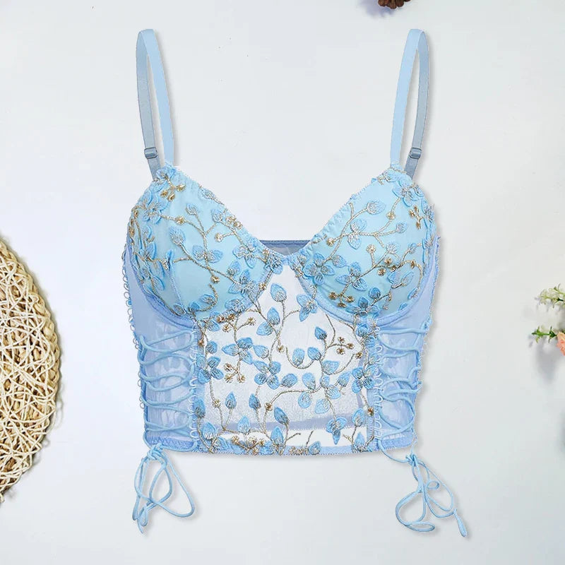 Blue Camisole Vest Bra Embroidery Flower Corsets Slim Fit Versatile Lady Corset Top Lace Rayon Ultra-Thin Thick Bra