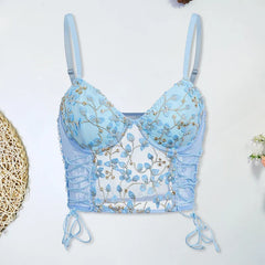 Blue Camisole Vest Bra Embroidery Flower Corsets Slim Fit Versatile Lady Corset Top Lace Rayon Ultra-Thin Thick Bra
