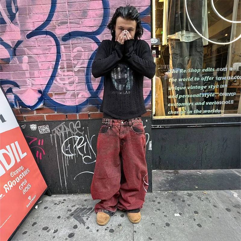 Y2K Casual Loose Jeans Vintage Letter Print Rivet Waist Belt Design Red High Waist Wide Leg Jeans Hip Hop Streetwear