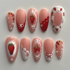 24PCS Wine Red Almond Press on Nails Cartoon Rabbit Bowknot with Plaid Pearl Designs French Fake Nails